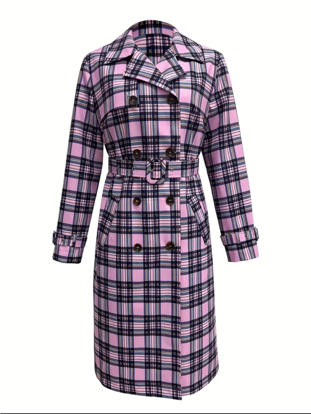 Pink Plaid Double-Breasted Trench Coat